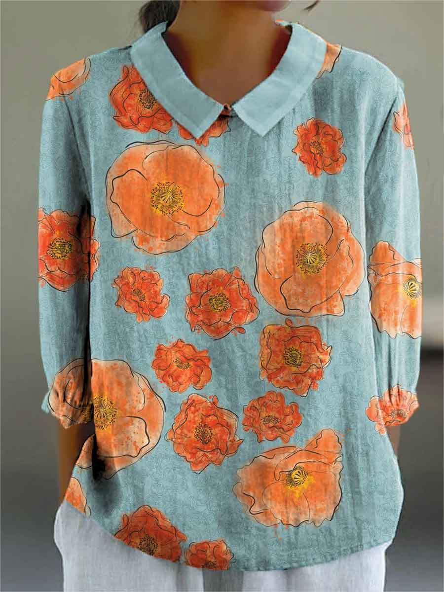 Women's Flowers Print Casual Cotton And Linen 3/4 Sleeve Shirt