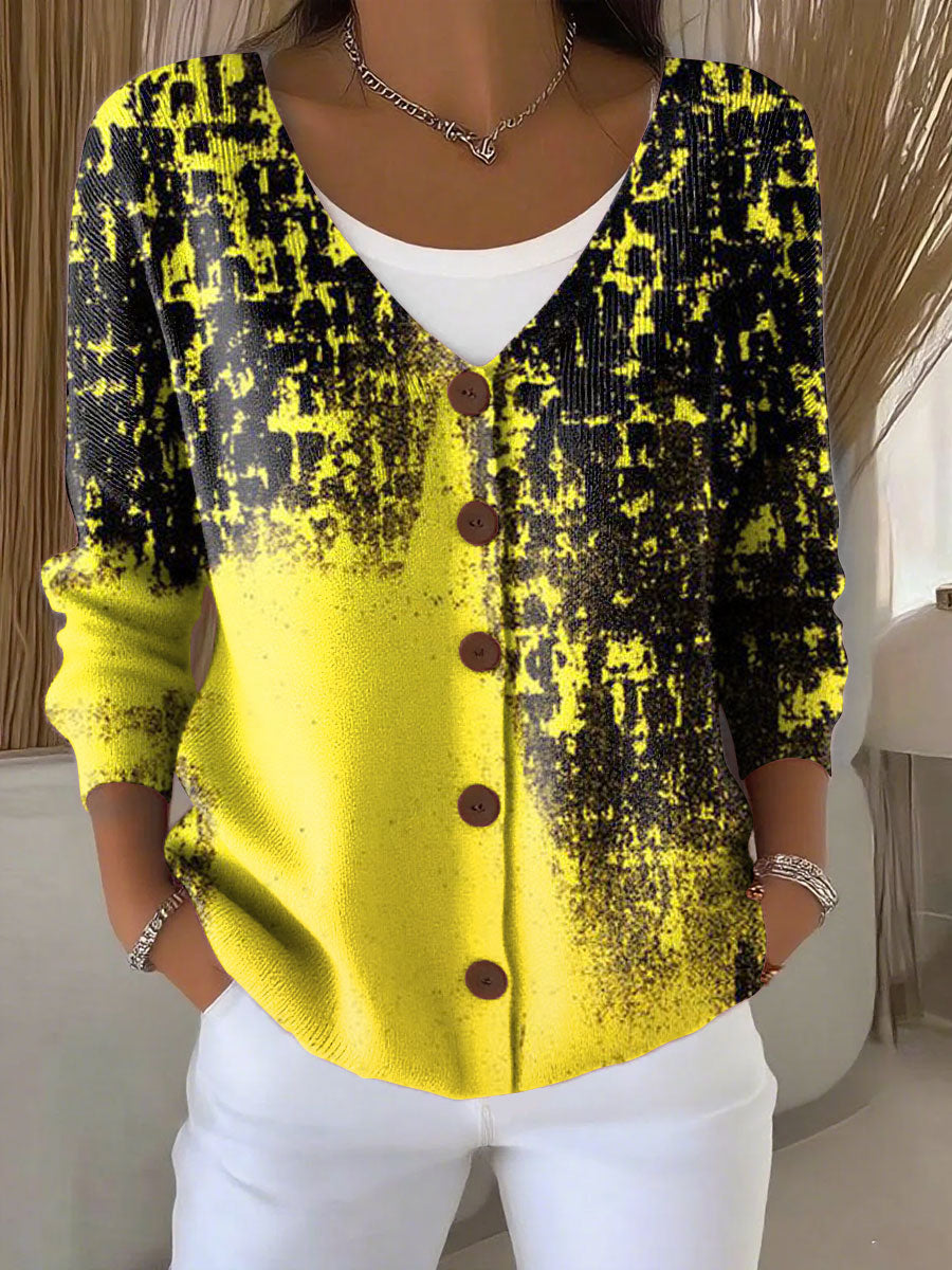 Gradient Colors Print Buttoned V-neck Cardigan Sweater