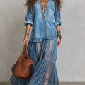 Women's Retro Lapel Denim Organza Patchwork Art Casual Maxi Dress