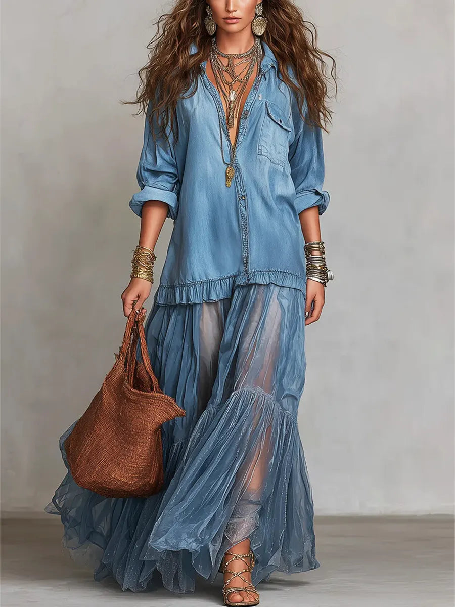 Women's Retro Lapel Denim Organza Patchwork Art Casual Maxi Dress