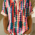Retro Color-block Patchwork Print Loose-fit Cotton-linen Short-sleeve Shirt