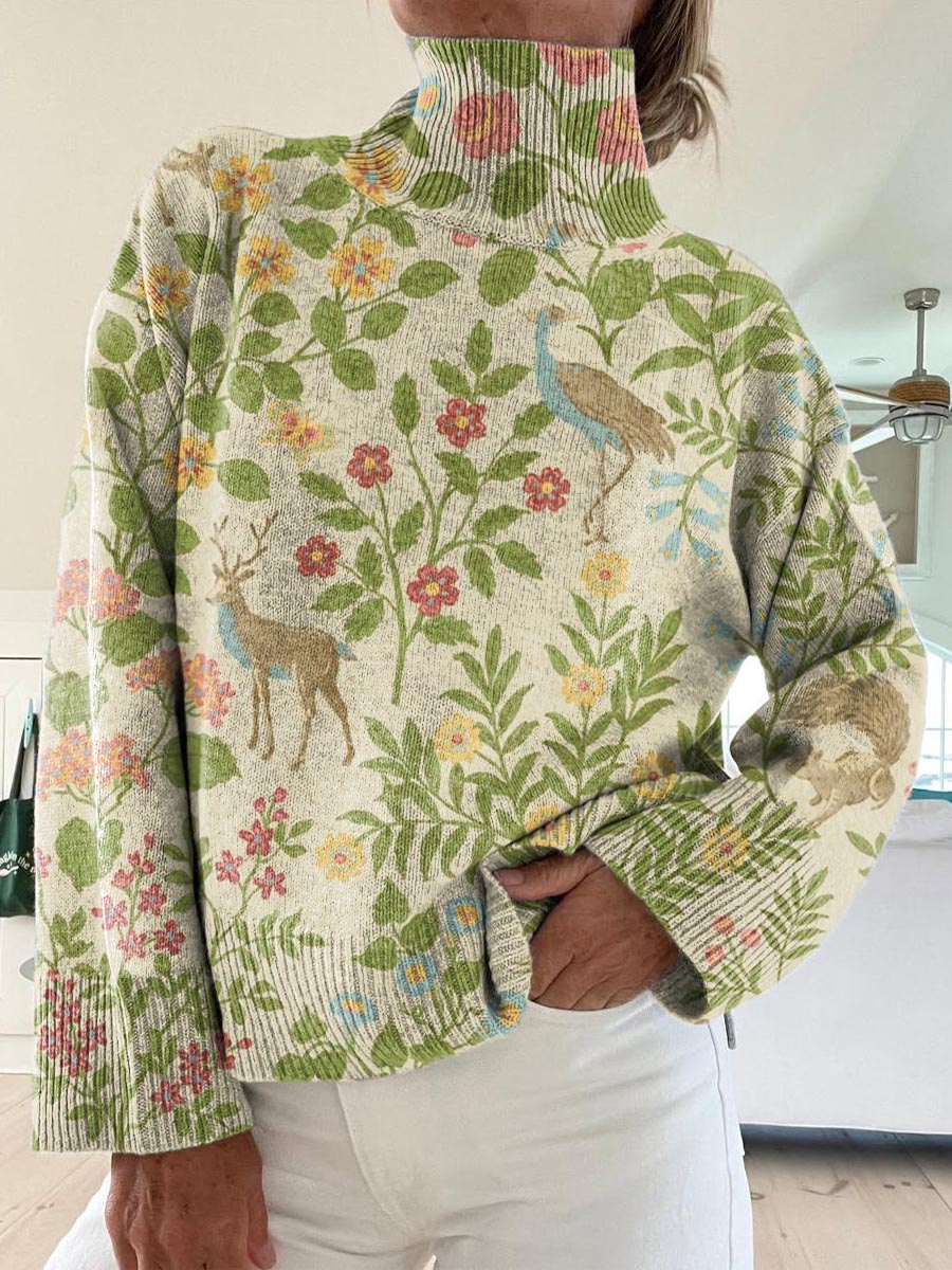 Women's Lovely Woodland Animals Pattern Art Print Knit Turtleneck Pullover Sweater