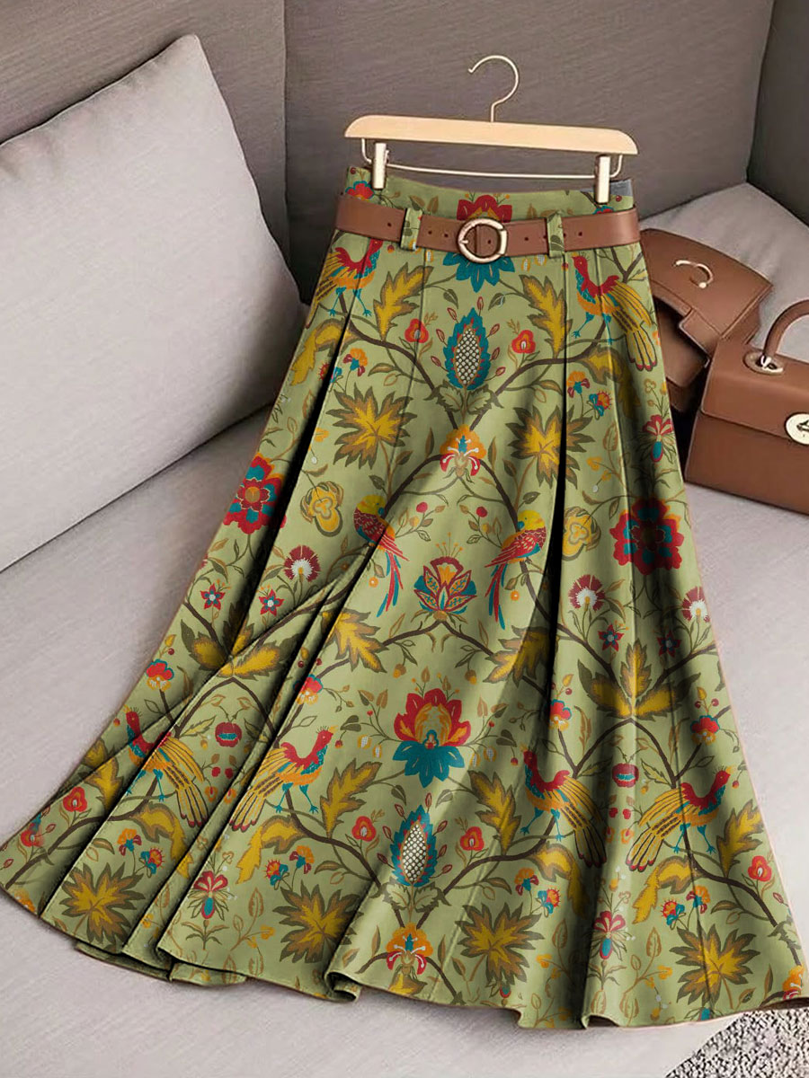 Women's Vintage Flower Art Print Casual Cotton Skirt