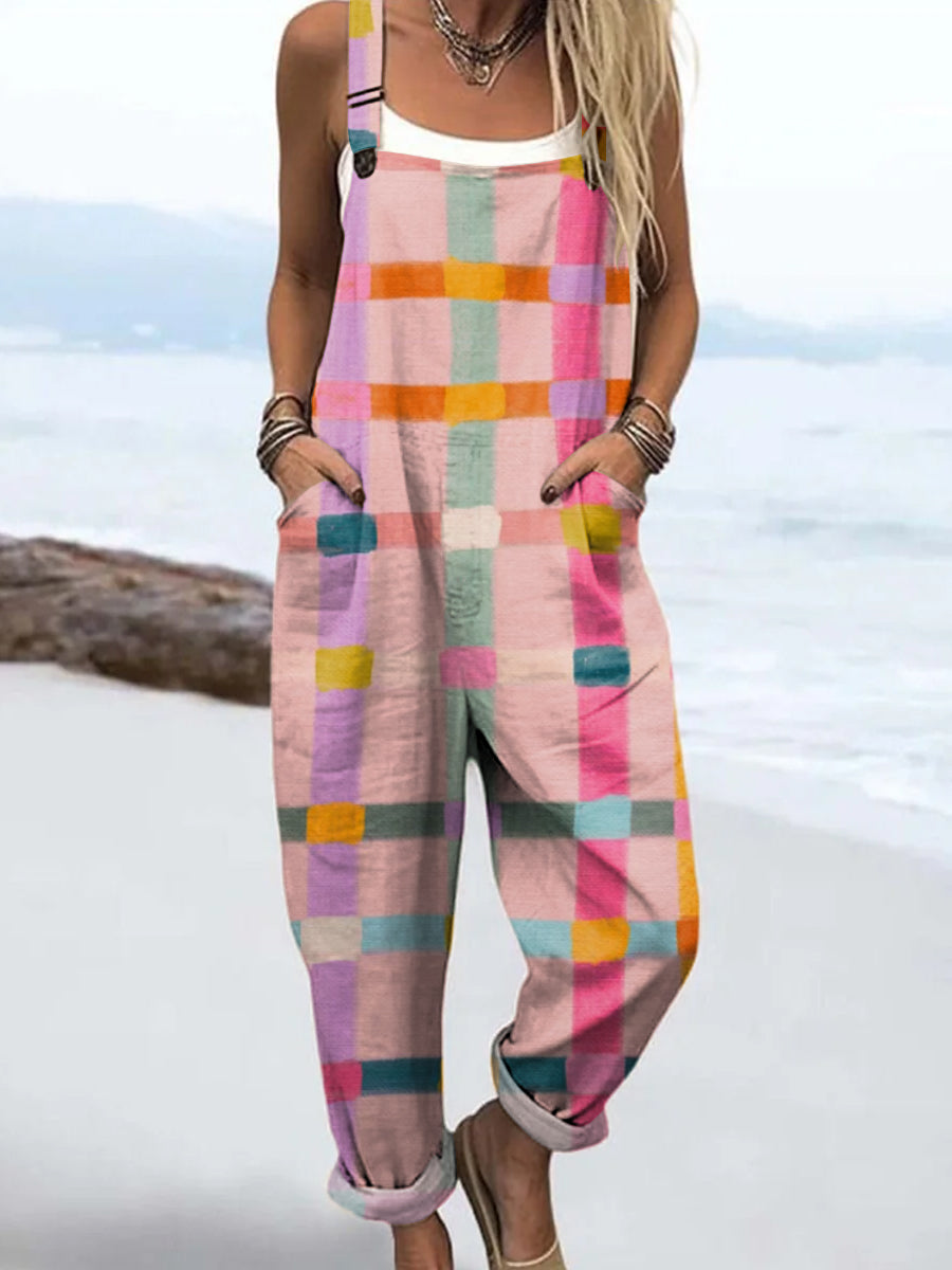 Women's Colourful Artistic Geometric Lines Print Casual 100% Cotton Wide Leg Jumpsuit