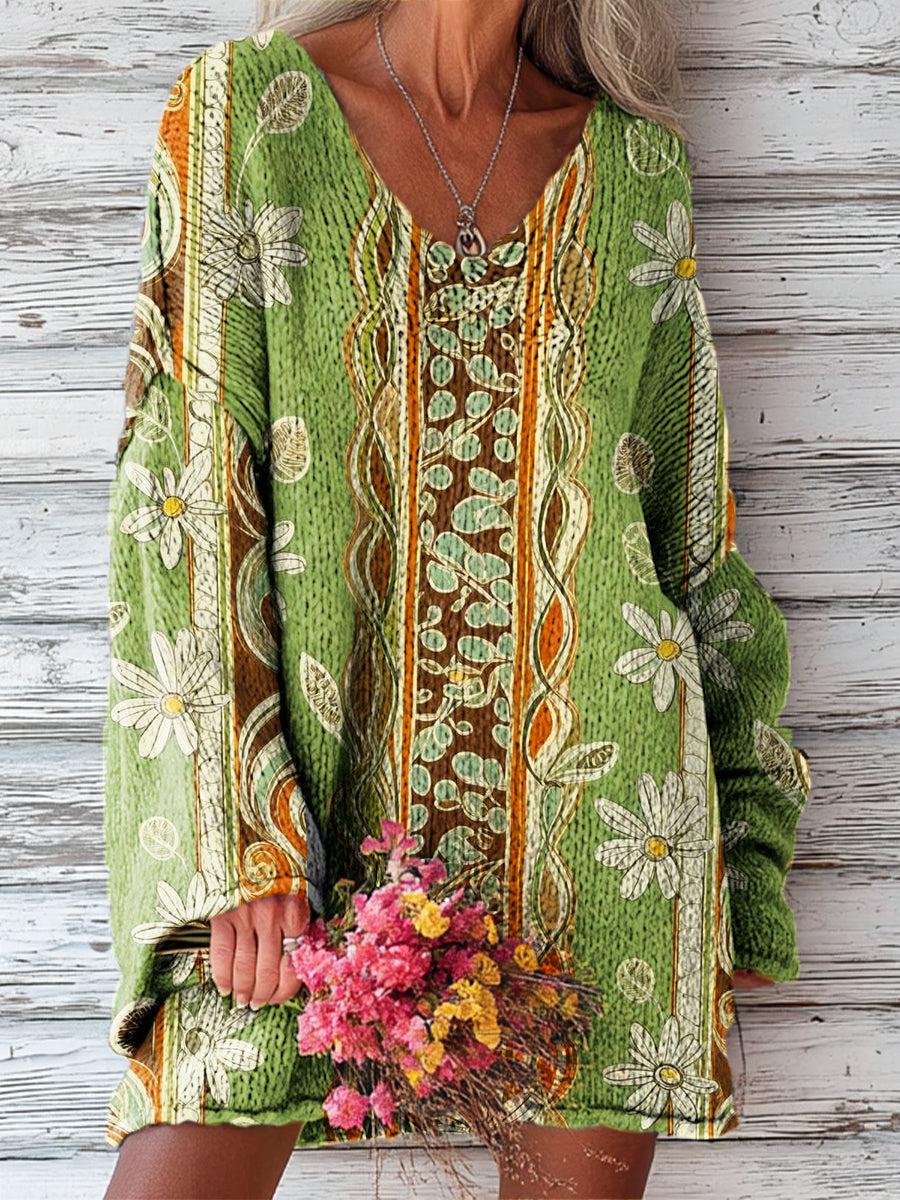 womens-vintage-ethnic-floral-geometric-stripe-art-print-casual-pullover-sweater