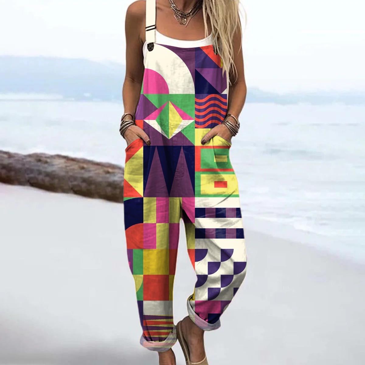 Women's Geometric Pattern Art Print Casual 100% Cotton Wide Leg Jumpsuit