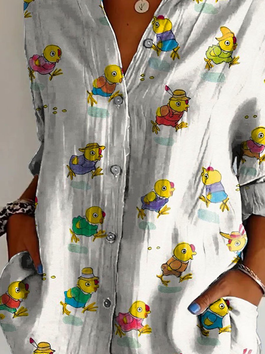 Women's Vintage Lovely Ducks Art Print Casual Cotton Shirt