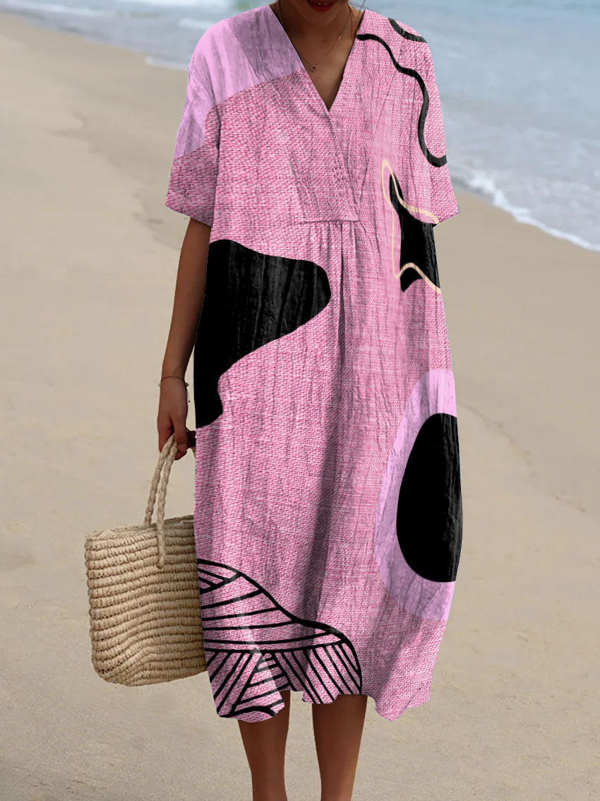 Women's Random Pink Blocks Print Watercolor Splash Fluid Art Print Flowy Dress