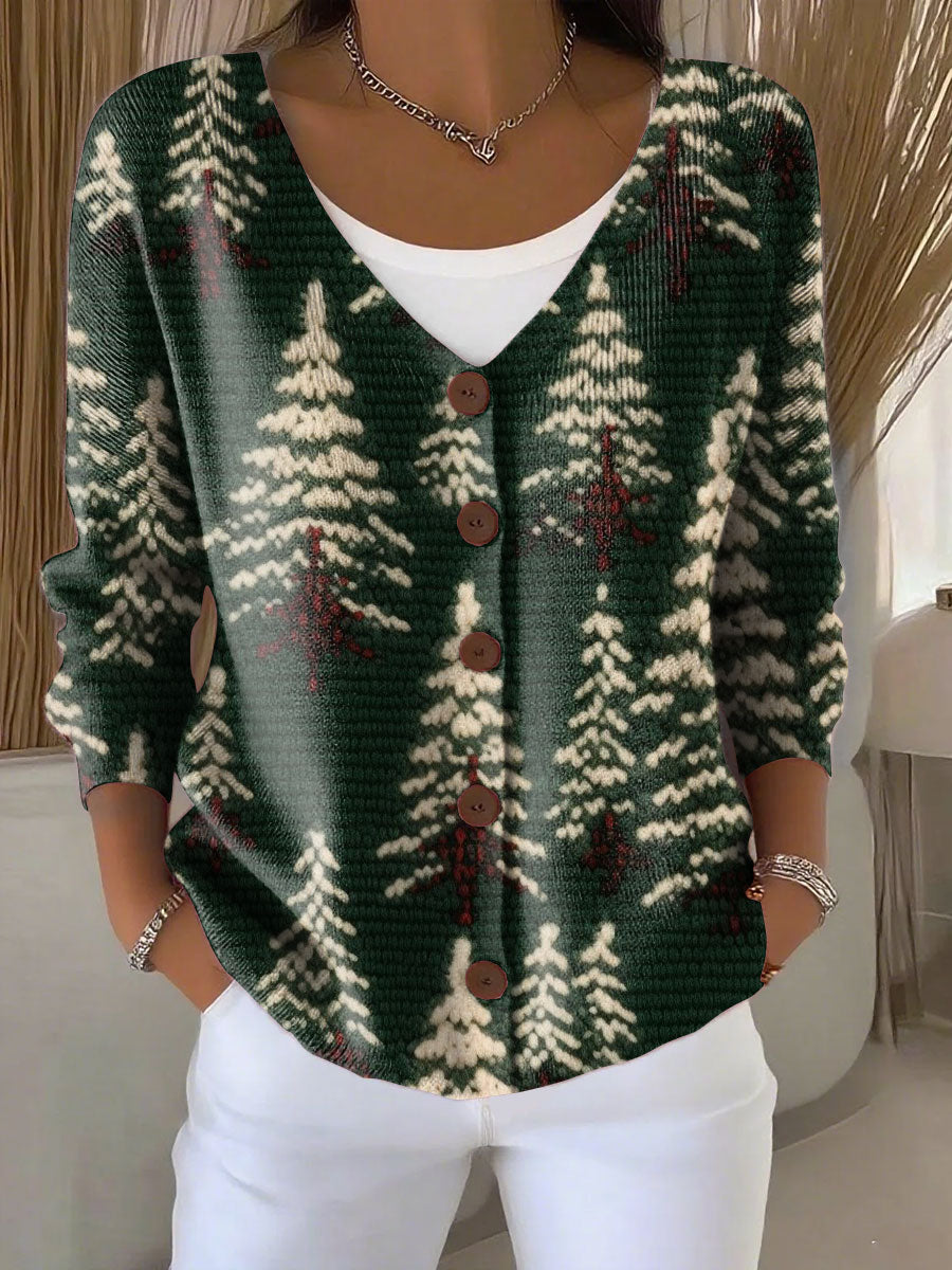Christmas Tree Print Buttoned V-neck Cardigan Sweater