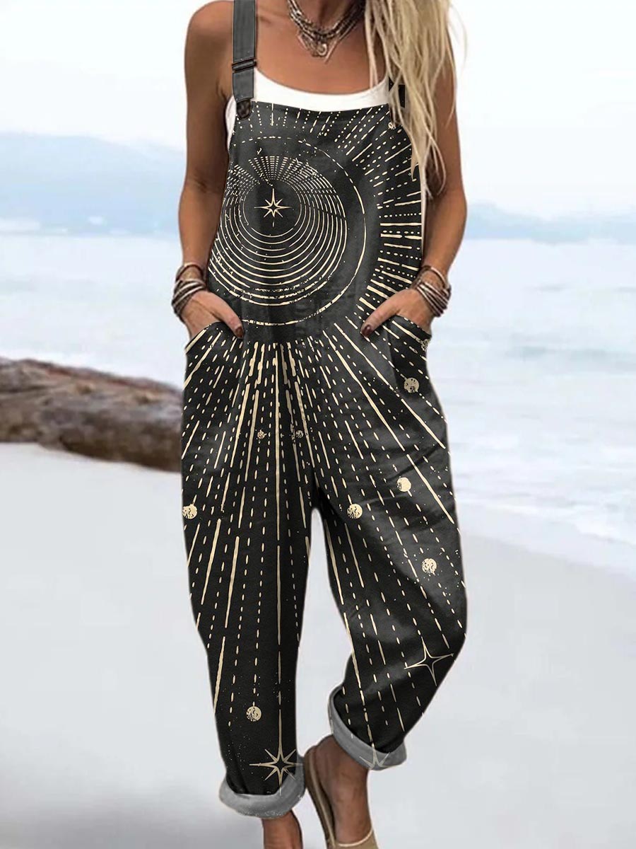 Women's Abstract Pattern Art Print Casual 100% Cotton Wide Leg Jumpsuit