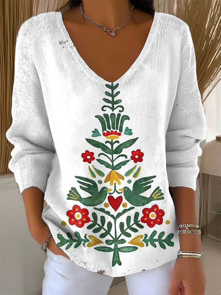 Women's Vintage Christmas Tree Art Print Casual Pullover Sweater