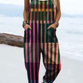 Women's Color Block Line Art Print Casual 100% Cotton Wide Leg Jumpsuit