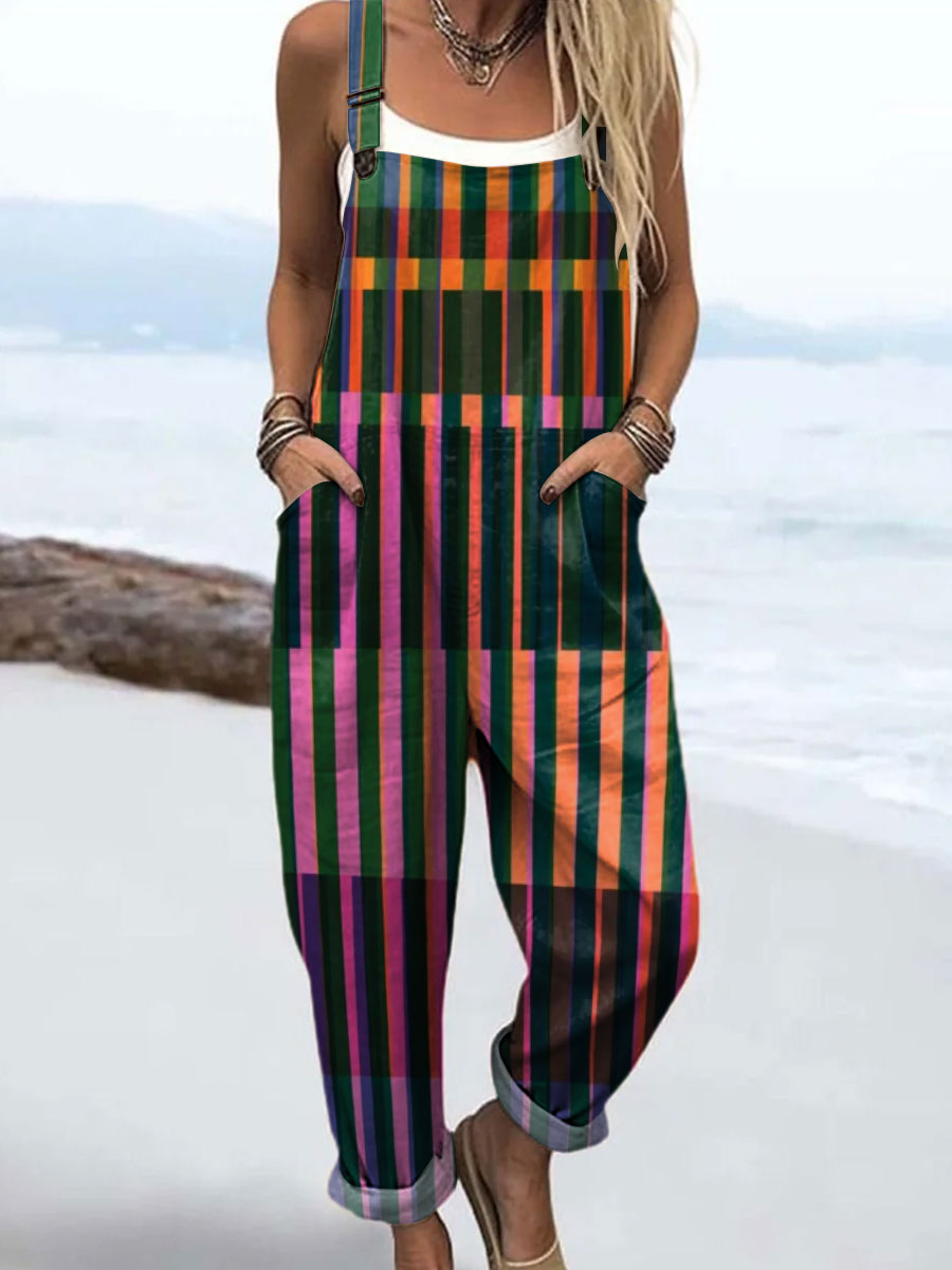 Women's Color Block Line Art Print Casual 100% Cotton Wide Leg Jumpsuit