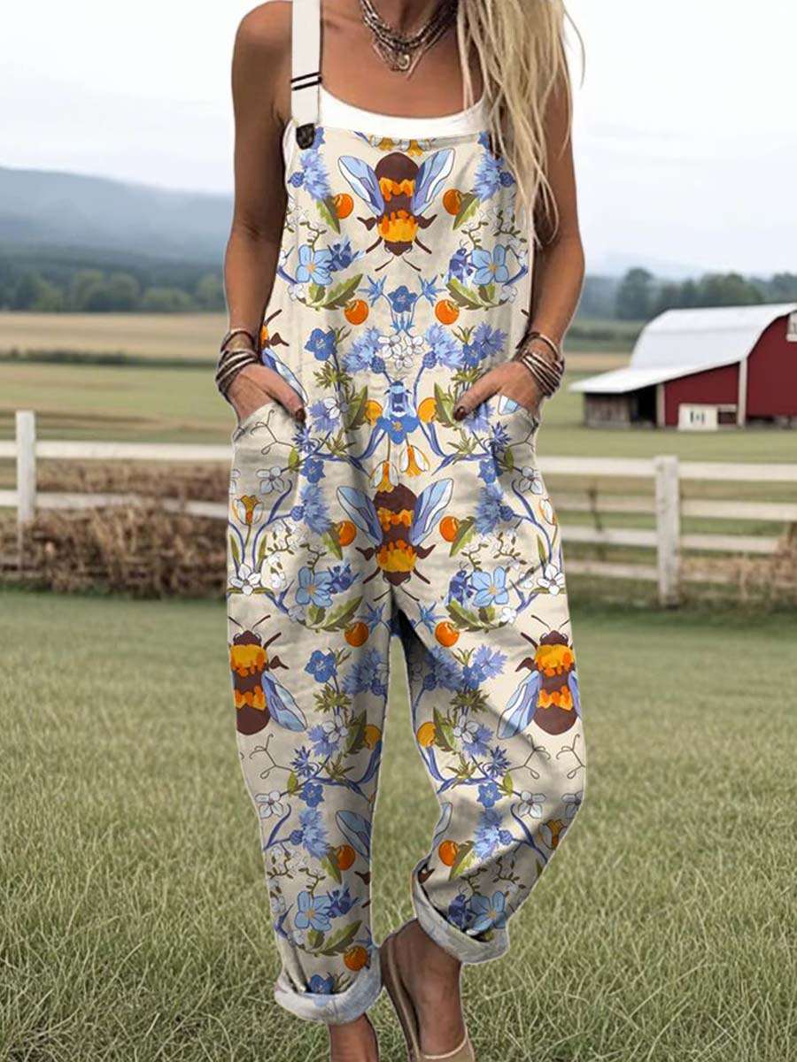 Women's Lovely Floral Bees Art Print Casual 100% Cotton Wide Leg Jumpsuit