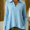 Women's Solid Color V-neck Long-sleeved Casual Loose-fitting Top With Irregular Hem.