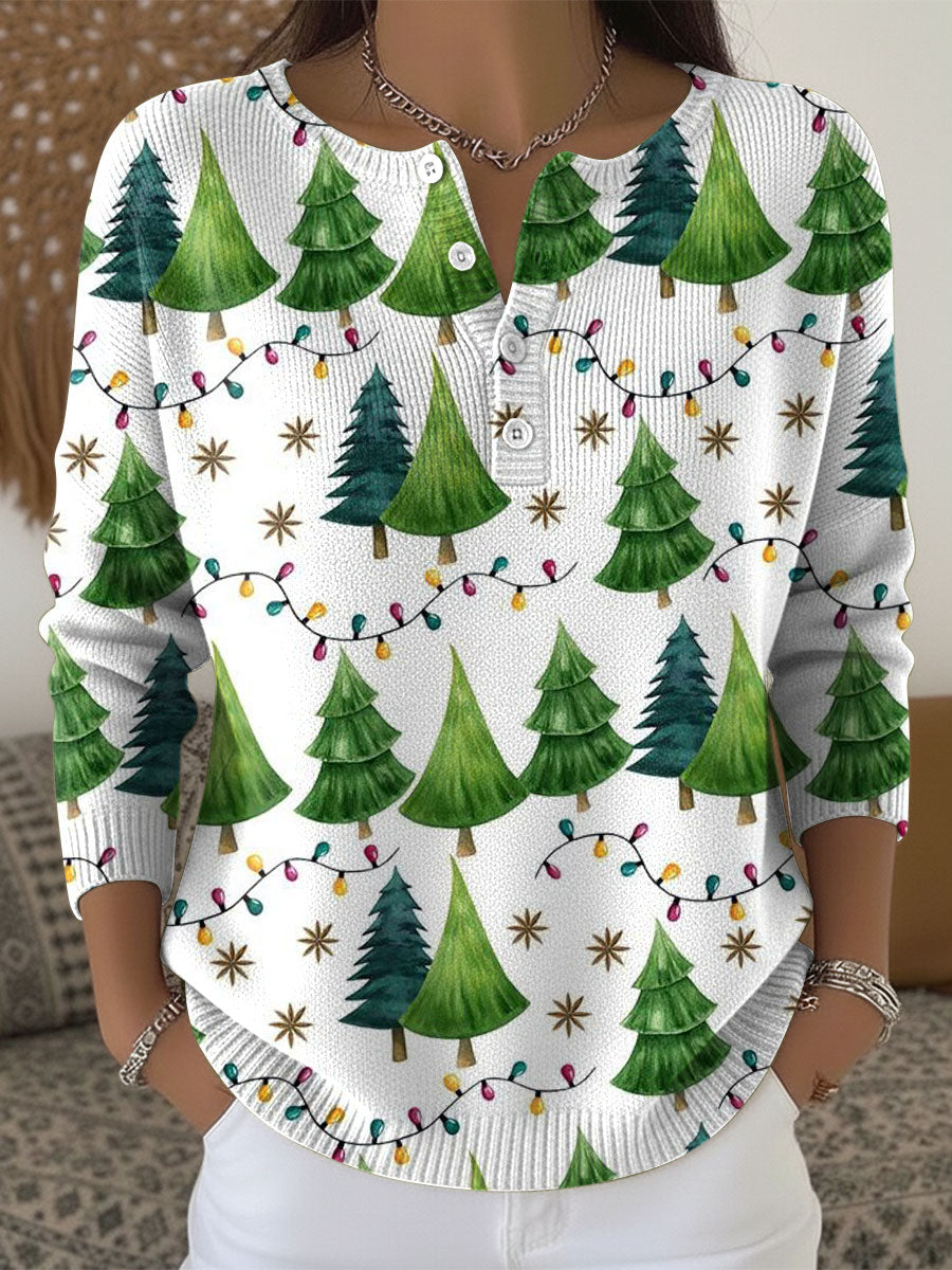 Women's Christmas Trees Pattern Art Print Buttoned Cardigan Sweater