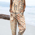 Women's  Vintage Abstract Geometric Art Print Casual 100% Cotton Wide Leg Jumpsuit