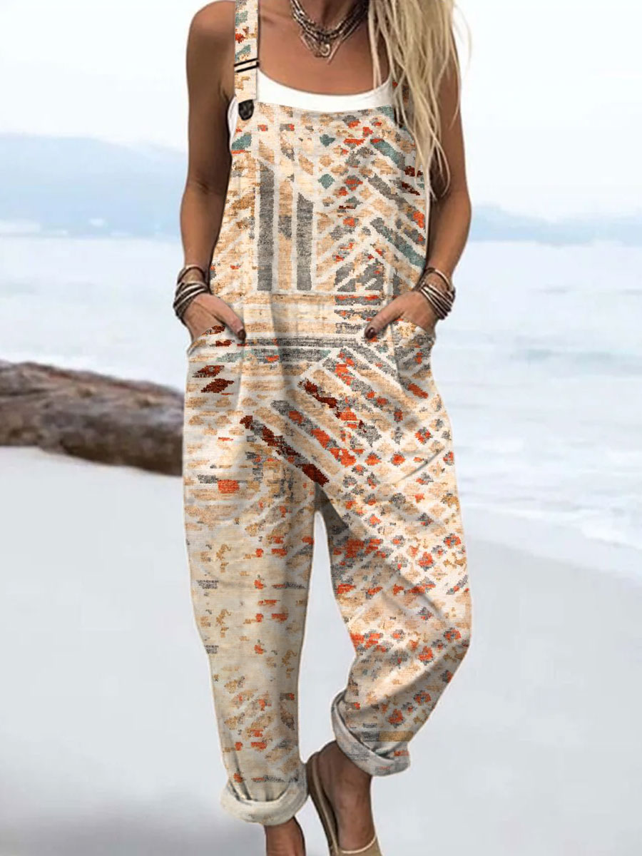 Women's  Vintage Abstract Geometric Art Print Casual 100% Cotton Wide Leg Jumpsuit