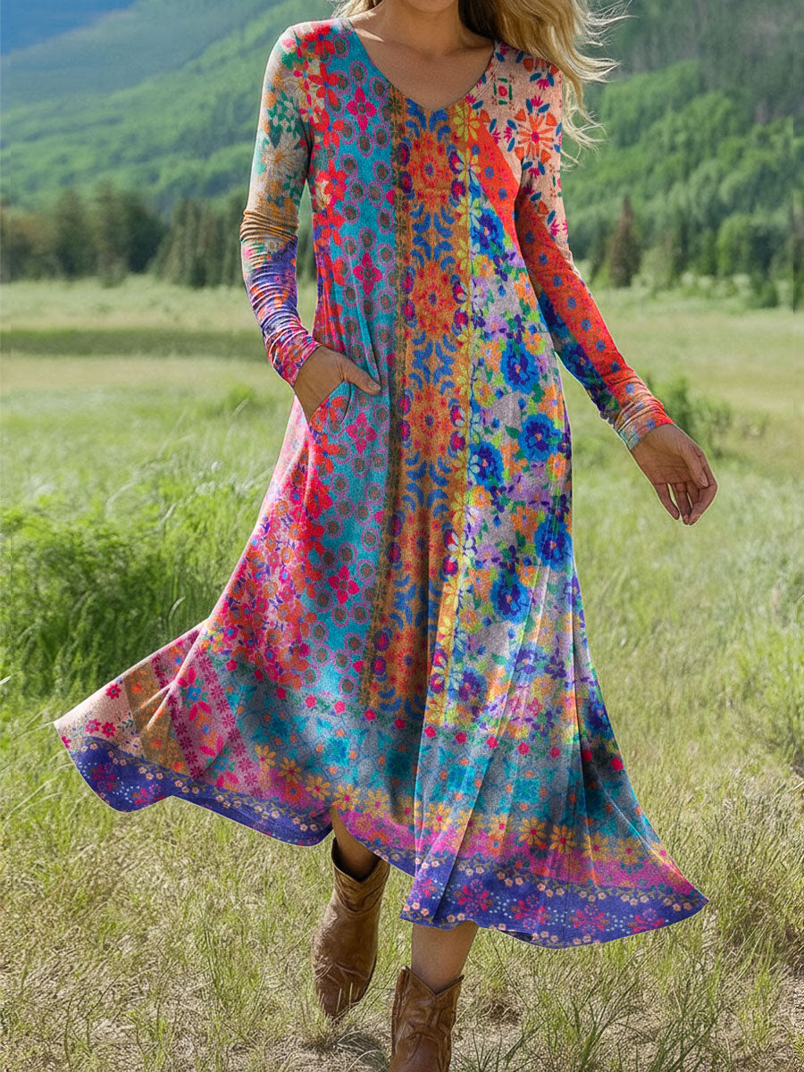 Women's Boho Floral Print Art Print Long-sleeved Dress