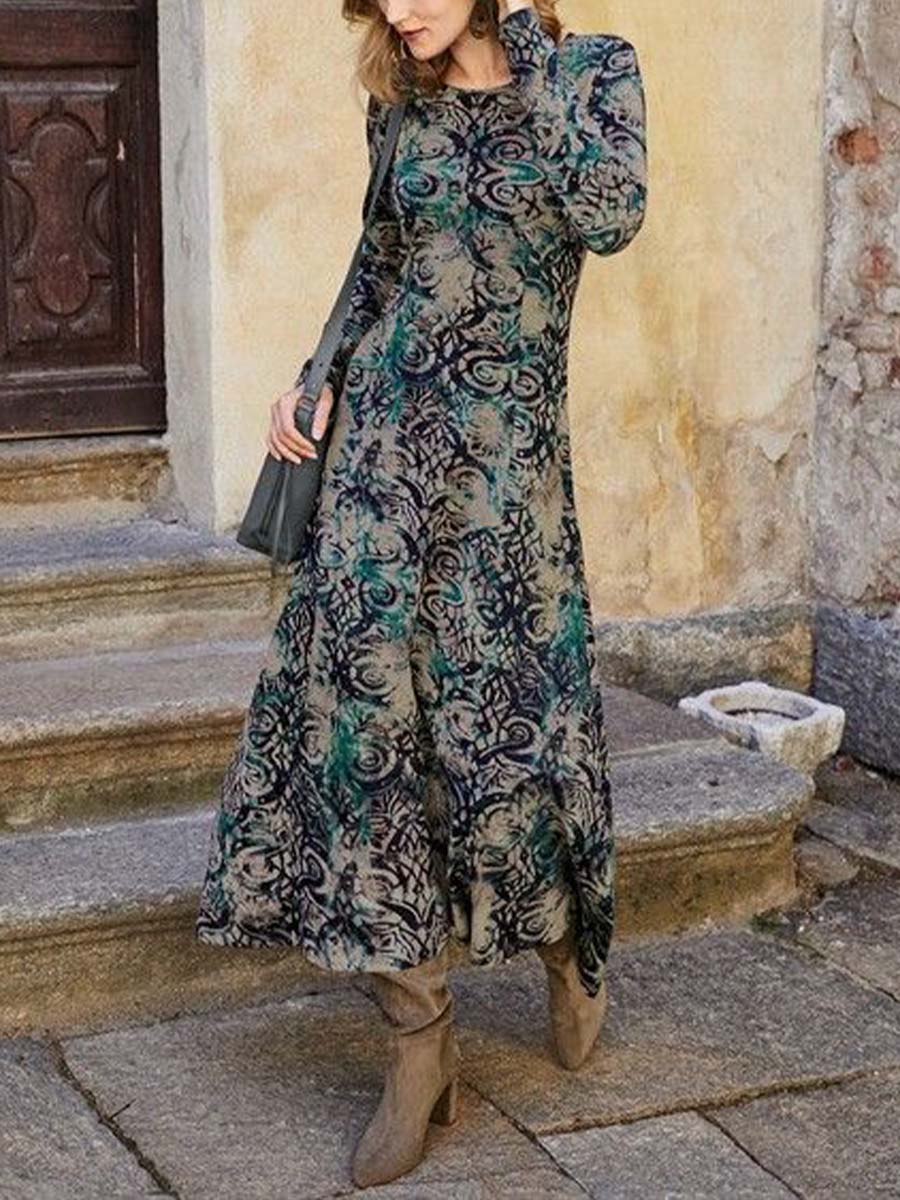 Women's Round Neck Abstract Print Long Sleeve Casual Loose Cotton A-Line Dress