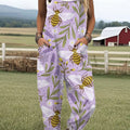 Women's  Bee Flower Art Print Casual 100% Cotton Wide Leg Jumpsuit