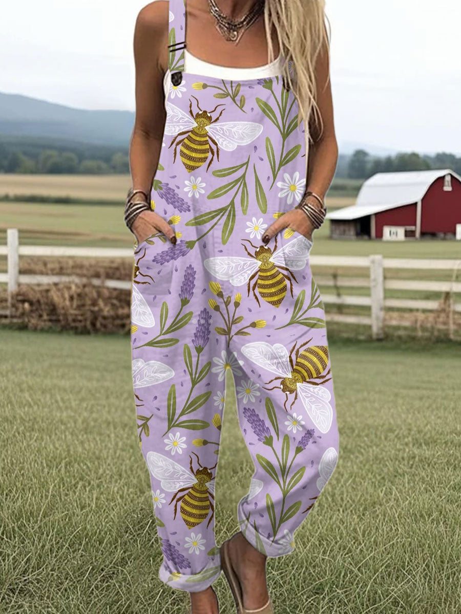 Women's  Bee Flower Art Print Casual 100% Cotton Wide Leg Jumpsuit