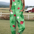 Women's Four-leaf Clover And Ladybug Painting Art Print Casual 100% Cotton Wide Leg Jumpsuit