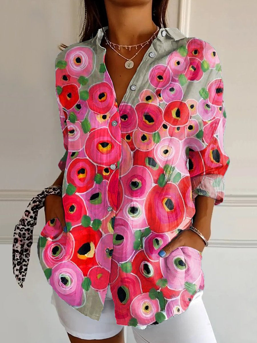 Women's  Flower Art Print Casual Cotton Shirt