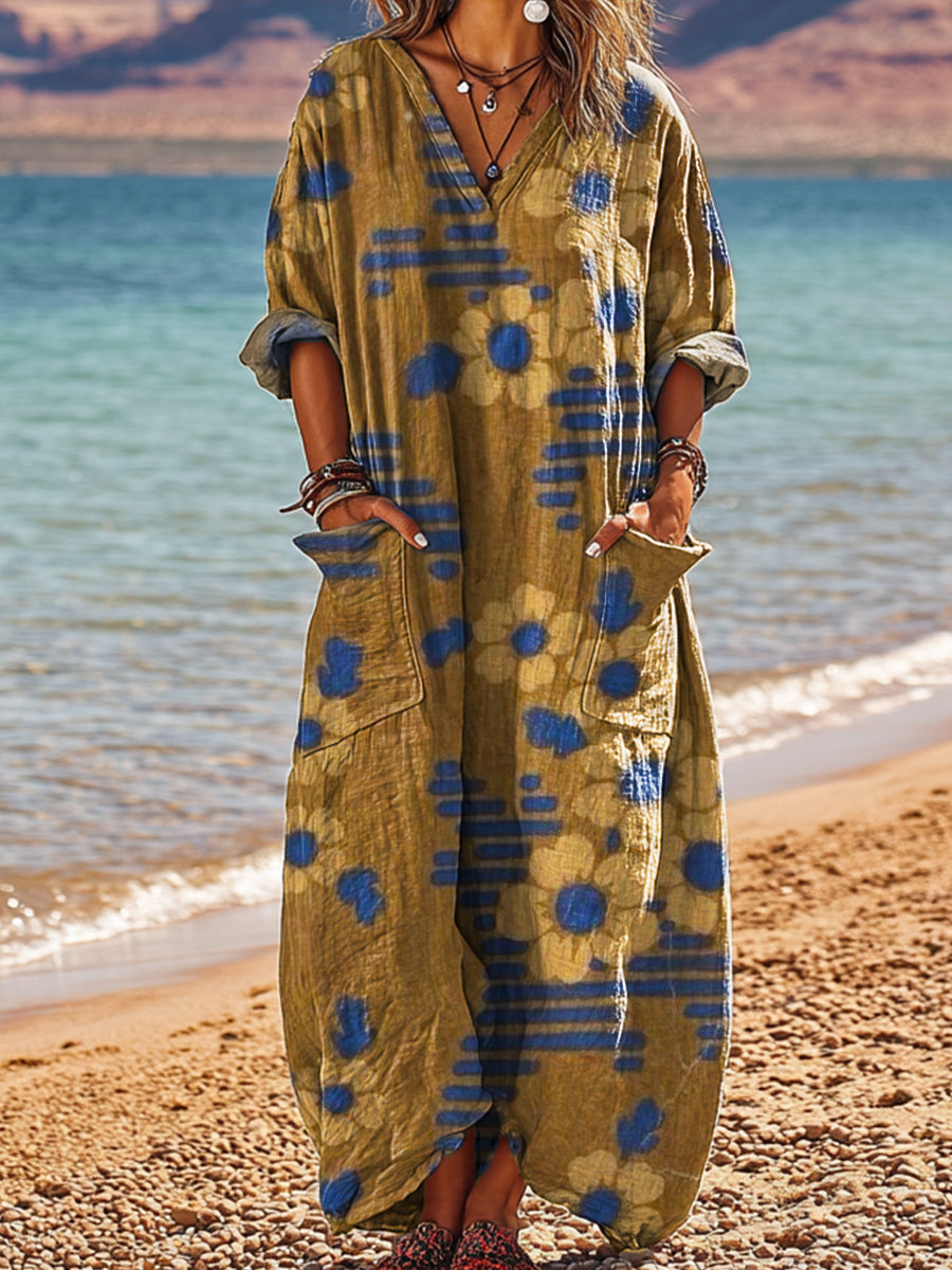 Women's Vintage Floral Painting Art Print Pocket V-neck Cotton Dress