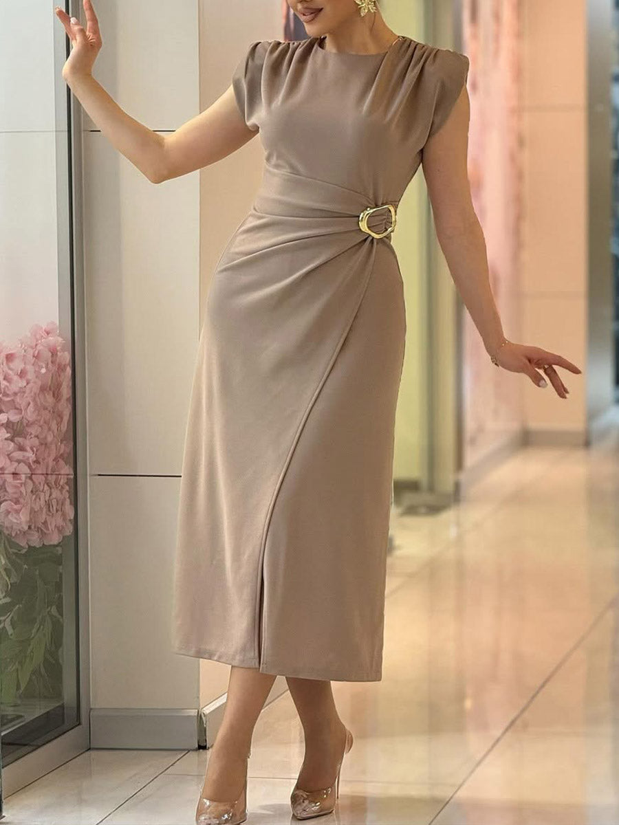 Women's Solid Color Round Neck Short Sleeve Pleated Fitted Dress