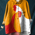 Geometric Chicken Art Printed Women's Casual Cotton And Linen Shirt