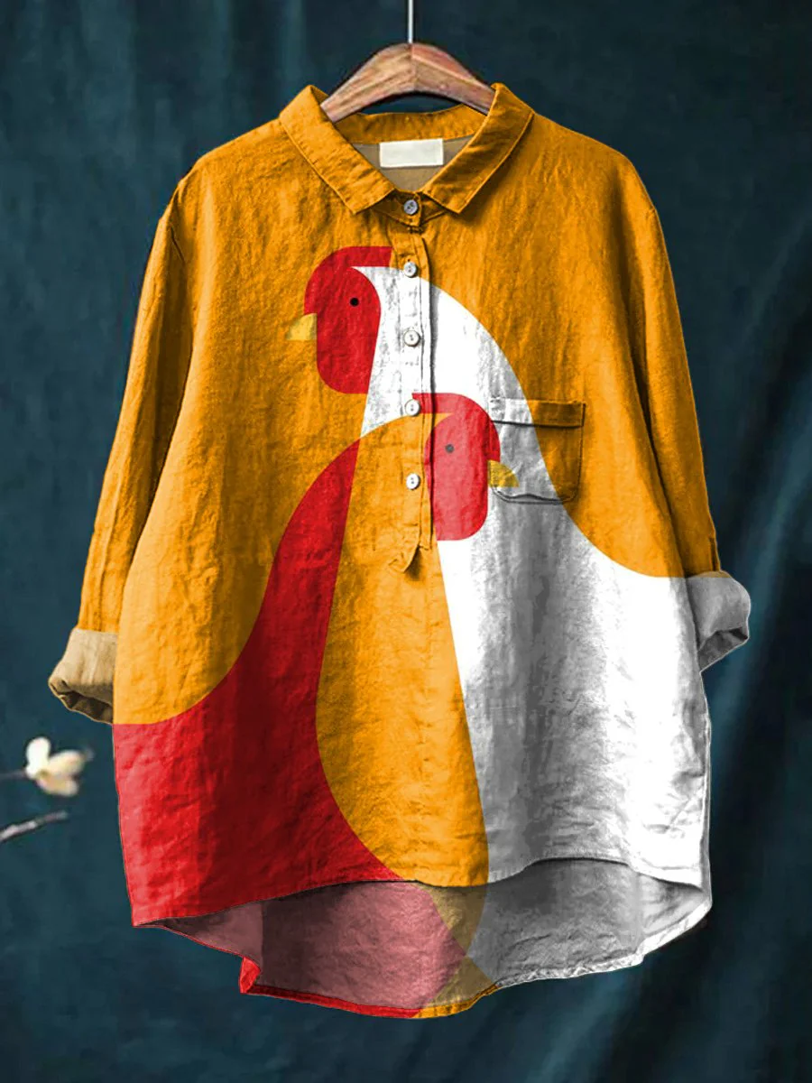 Geometric Chicken Art Printed Women's Casual Cotton And Linen Shirt