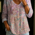 Women's Vintage Floral Pattern Art Print Casual Cotton Linen Shirt