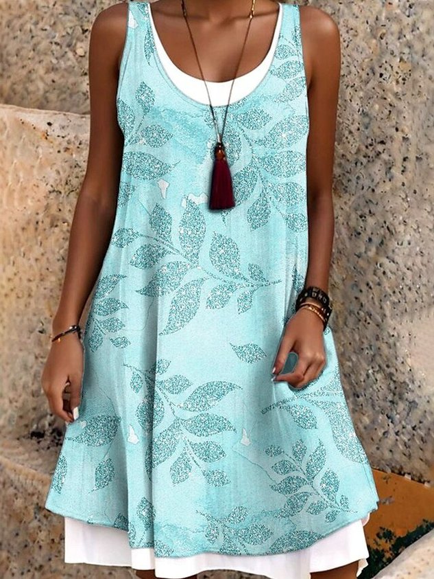 Women Floral Summer Dress Crew Neck Sleeveless A-Line Dress