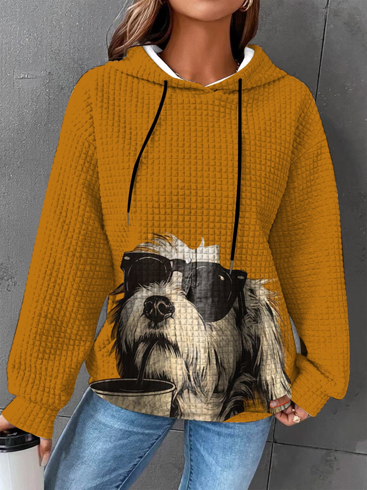 Plus size Autumn/Winter Women's Waffle Essential Creative Printed Long Sleeve Hooded Sweatshirt