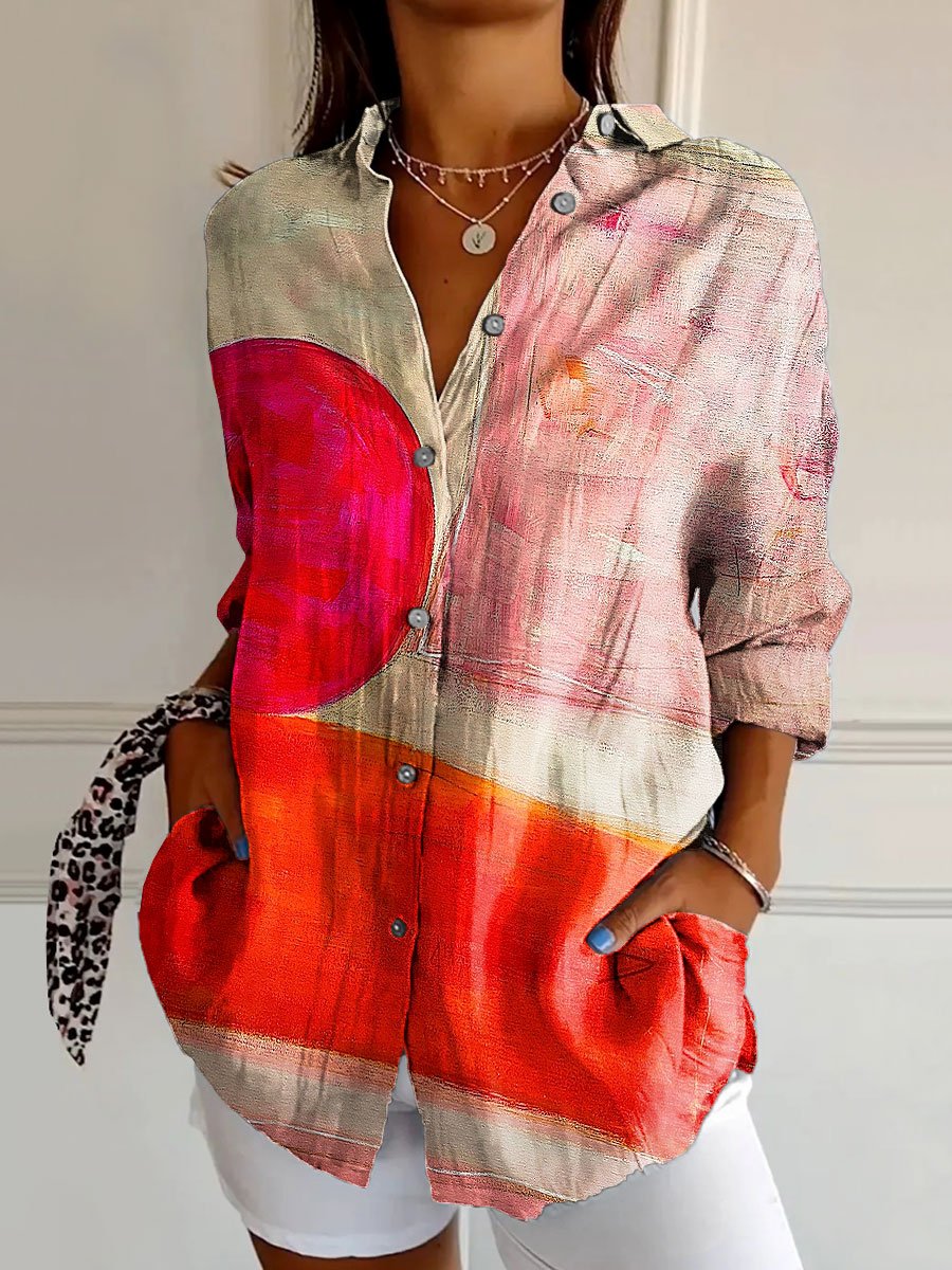 Women's Vintage Irregular Geometric Colorful Art Print Casual Cotton Shirt