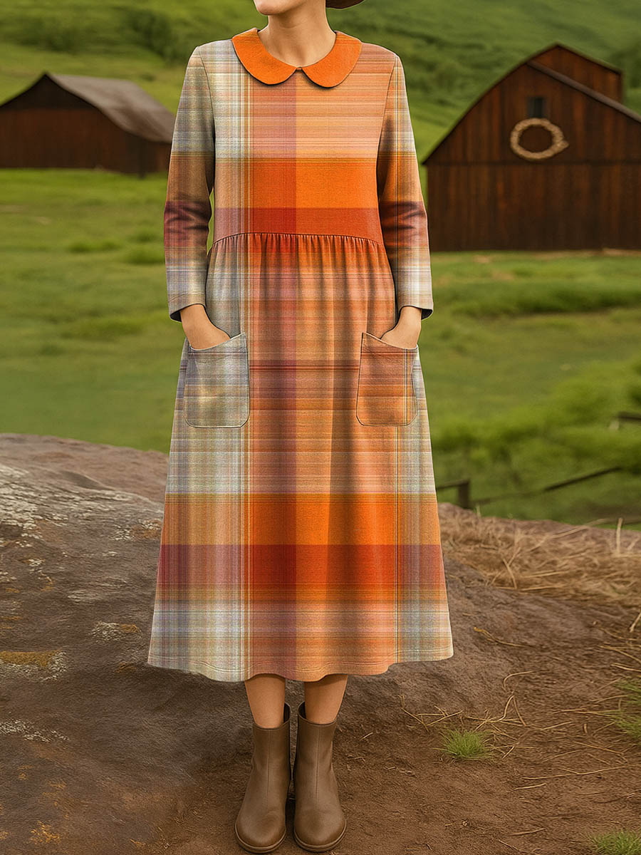 Women's Vintage Plaid Pattern Art Print Cotton Lapel Shirt Dress