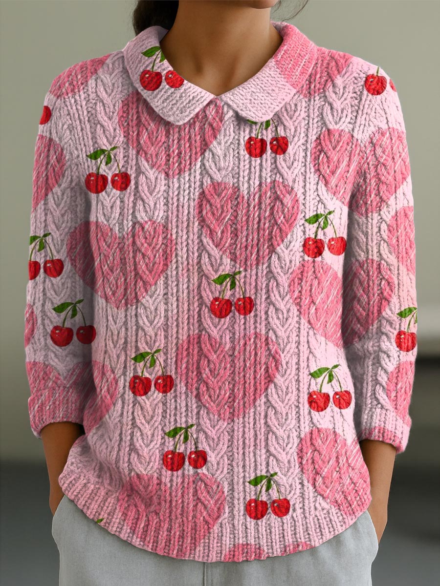 womens-lovely-cherry-pattern-art-print-casual-peter-pan-collar-3-4-sleeve-sweater
