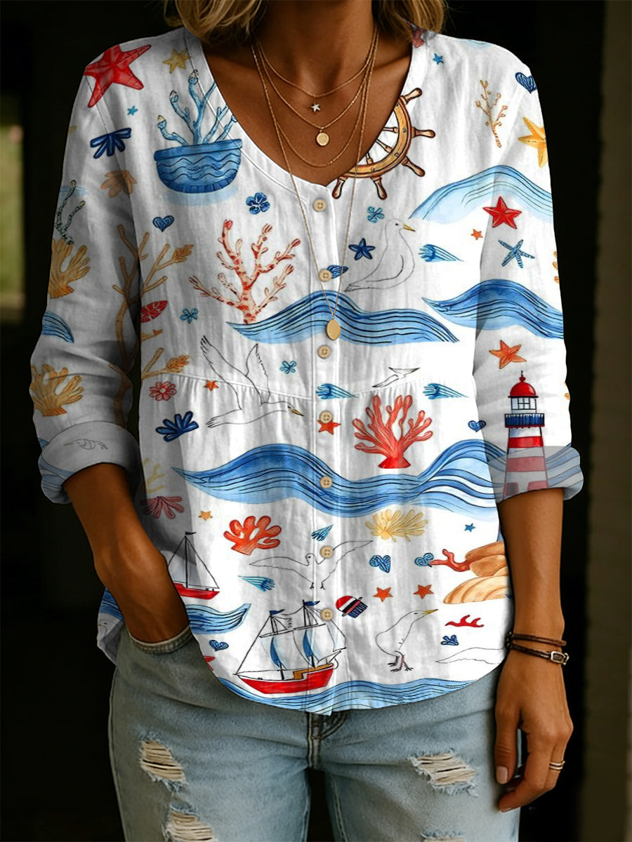 Women's Ocean Sailboat And Coral Decorative Patterns Linen And Cotton Shirt
