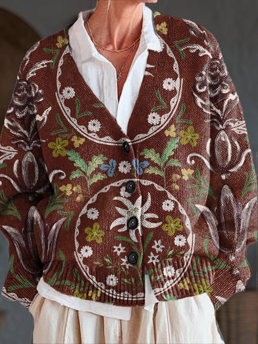 vintage-floral-pattern-painting-art-print-buttoned-v-neck-cardigan-sweater
