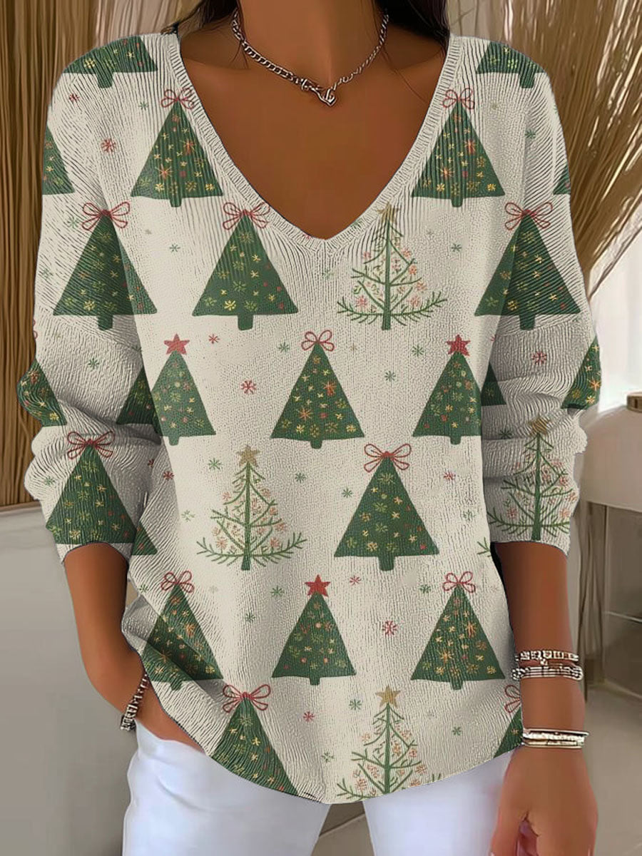 Women's Lovely Christmas Tree Pattern Art Print Casual Pullover Sweater