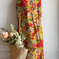 Women's Vintage Flowers Pattern Art Print Linen Pocket Dress