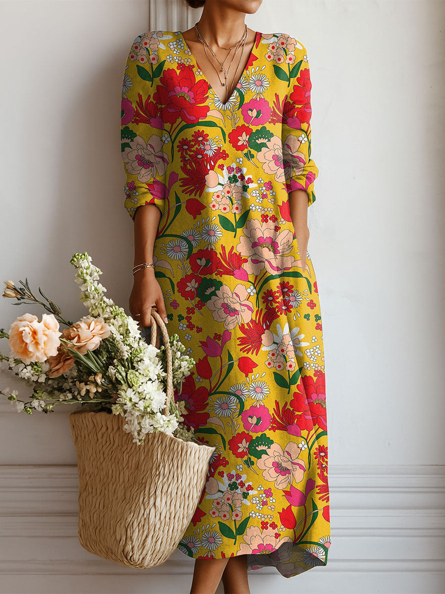 Women's Vintage Flowers Pattern Art Print Linen Pocket Dress