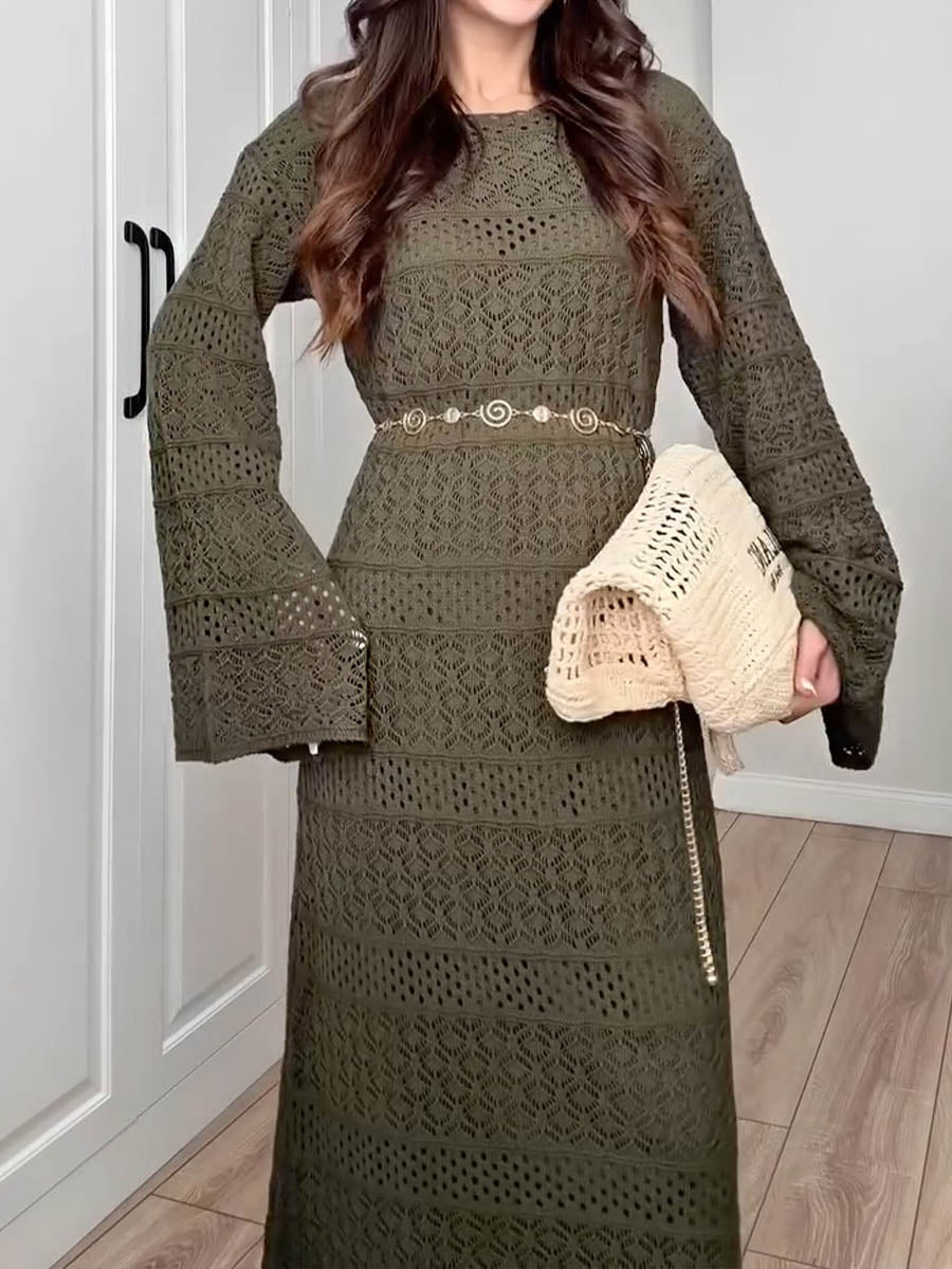 Women's Solid Color Round Neck Long Sleeve Casual Loose Knitted Maxi Dress