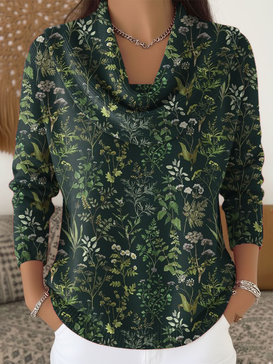 Women's Vintage Flower Art Print Cowl Neck Sweater