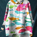 Women's Simple Colored Fish Print Casual Cotton And Linen Shirt
