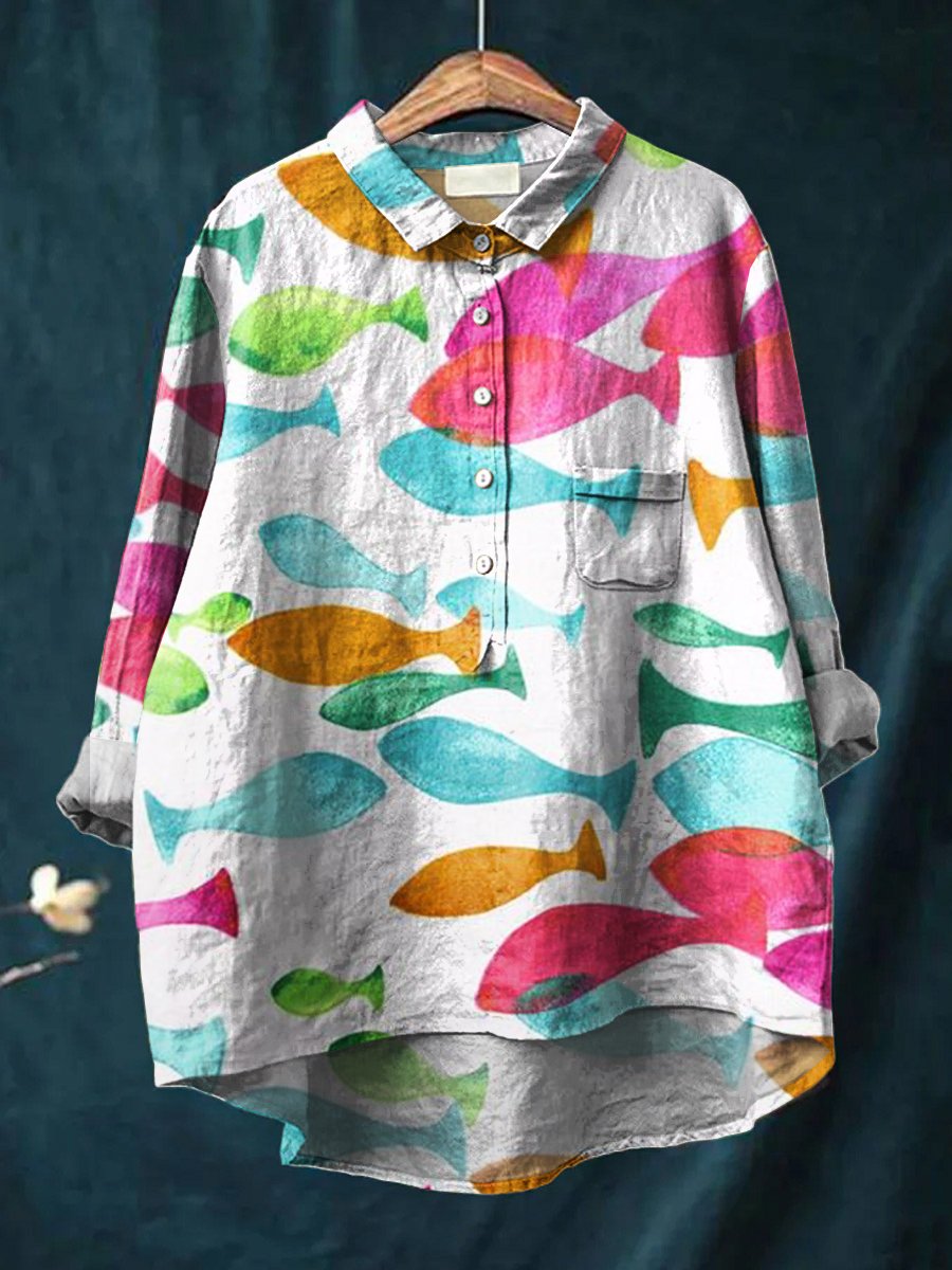 Women's Simple Colored Fish Print Casual Cotton And Linen Shirt