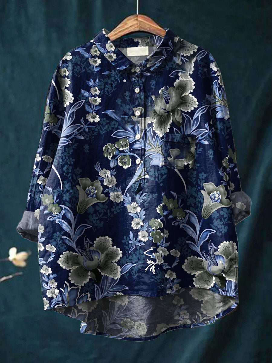 Women's Floral Art Print Casual Cotton And Linen Shirt