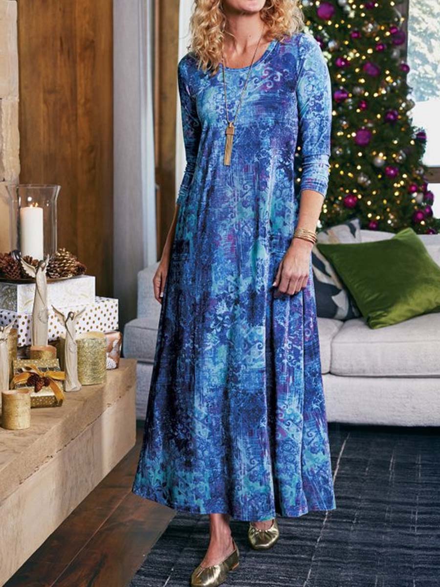 Women's Abstract Print Round Neck Long Sleeve Velvet A-Line Dress