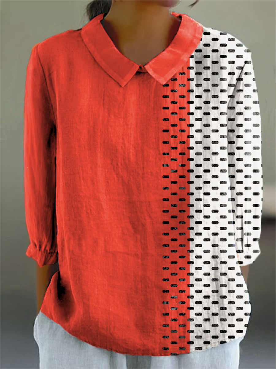 Women's Geometry Colors Abstract Art Print Casual Cotton And Linen 3/4 Sleeve Shirt